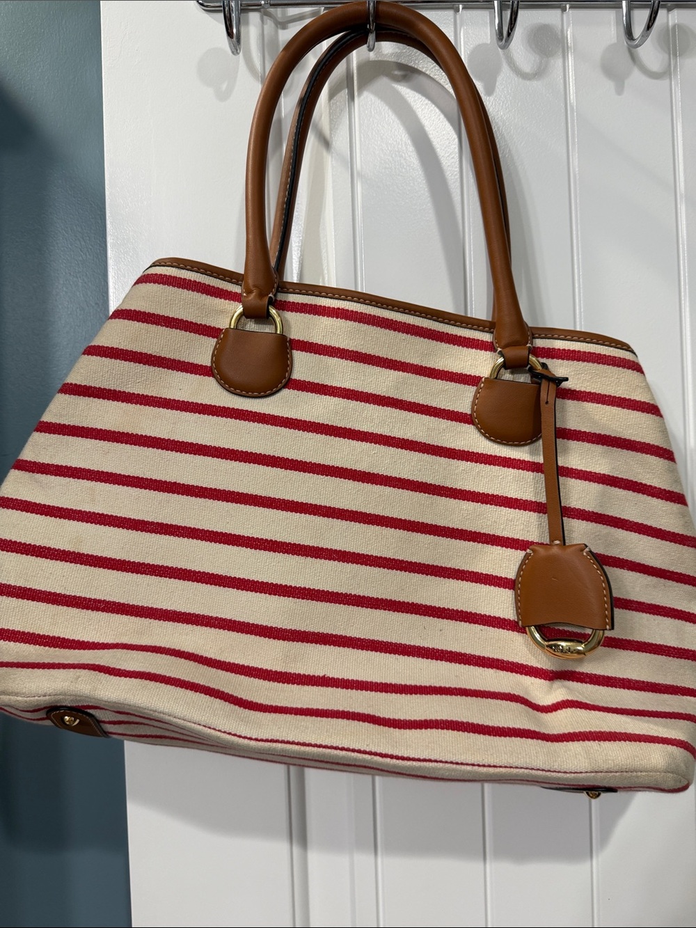 Striped Canvas Tote Bag with Brown Leather Trim - Red/Cream